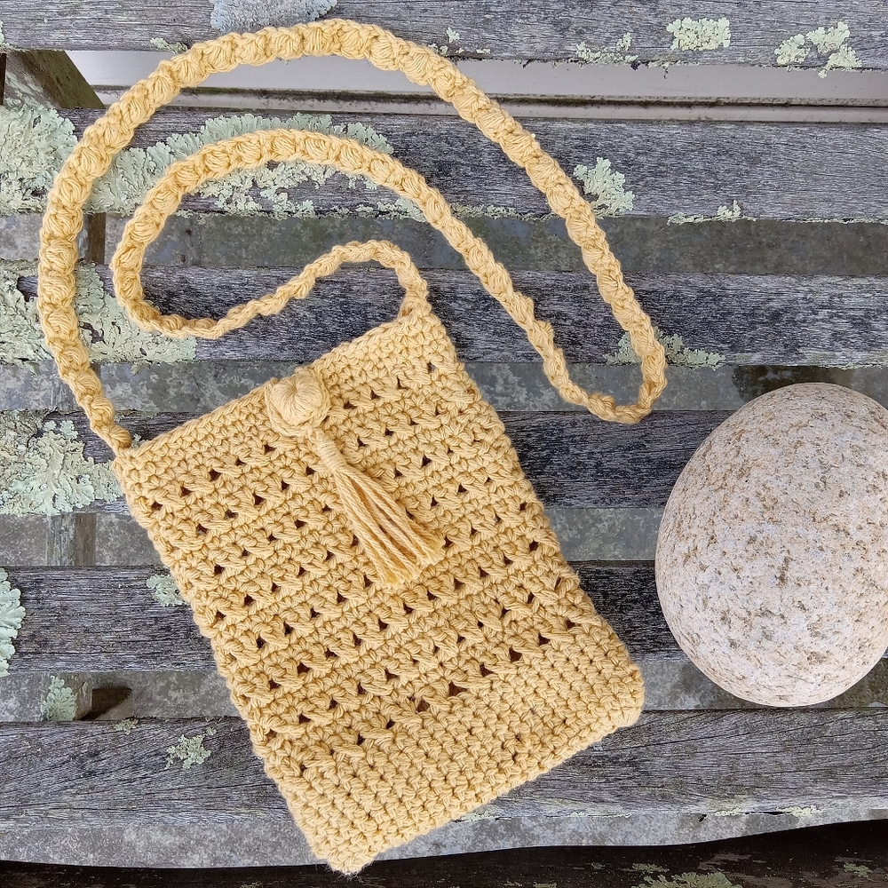 Handmade Hand Crochet Yellow Tassel Cell Phone Crossbody Shoulder Bag